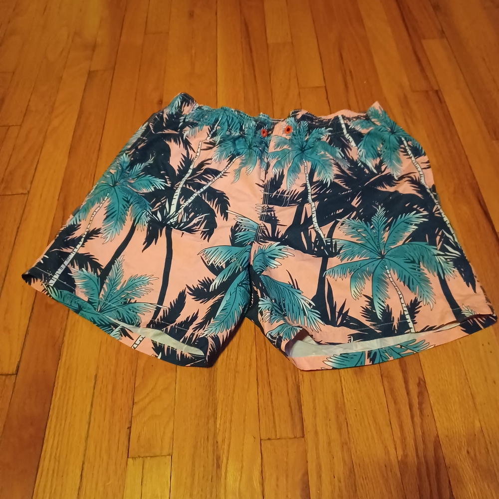 SHEIN Pink and Blue Palm Print Swim Trunks